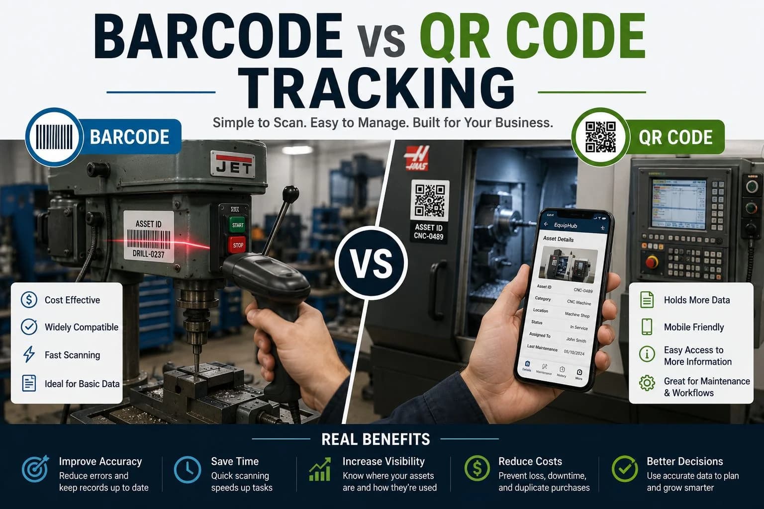Barcode and QR code labels on industrial equipment