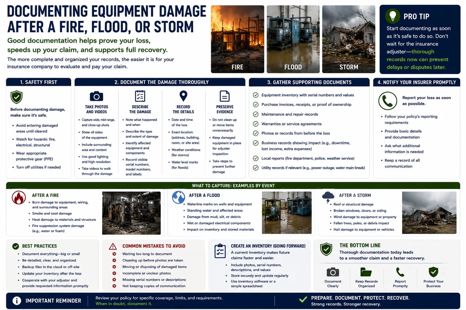 Documenting equipment damage after fire, flood, or storm