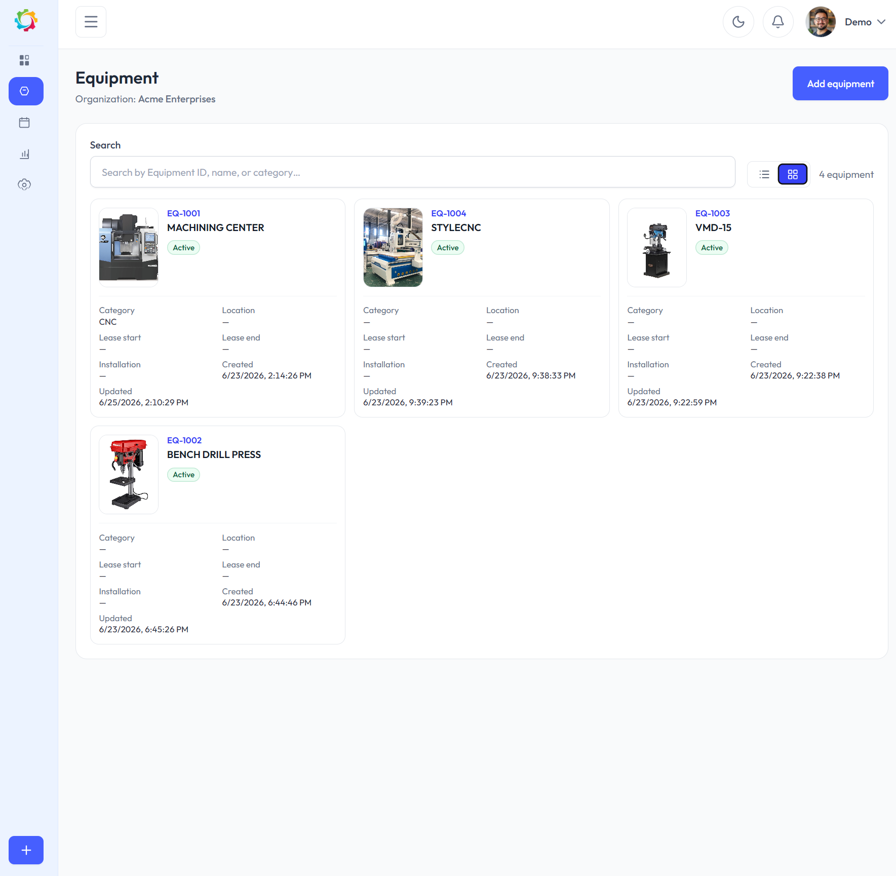 Equipment record detail screen